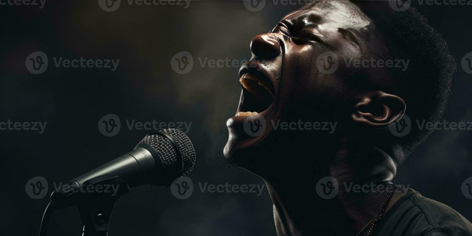 africano uomo canta nel karaoke. generativo ai foto