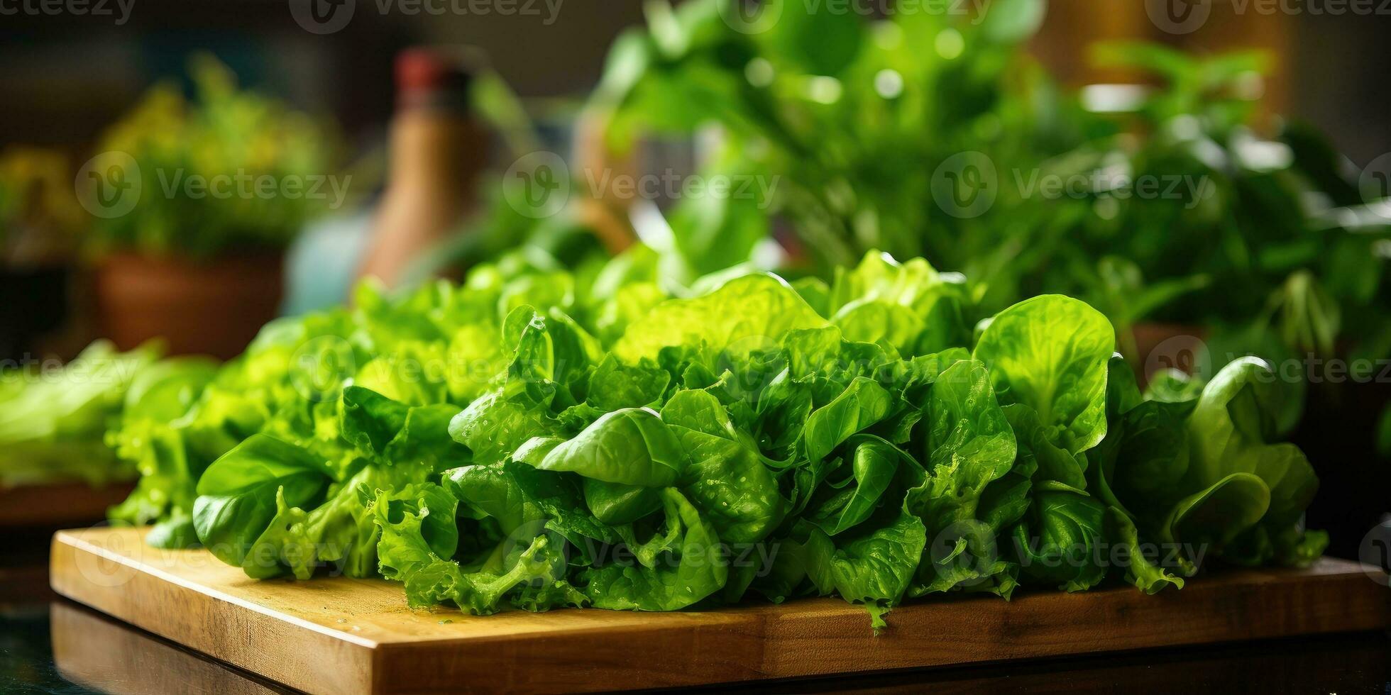 fresco verdura avvicinamento. rugiada gocce su le foglie. verdura su il tavolo. vegetariano tema. generativo ai foto