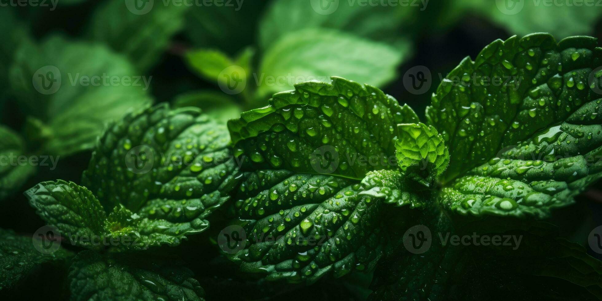 fresco menta avvicinamento. rugiada gocce su le foglie. vegetariano tema. generativo ai foto