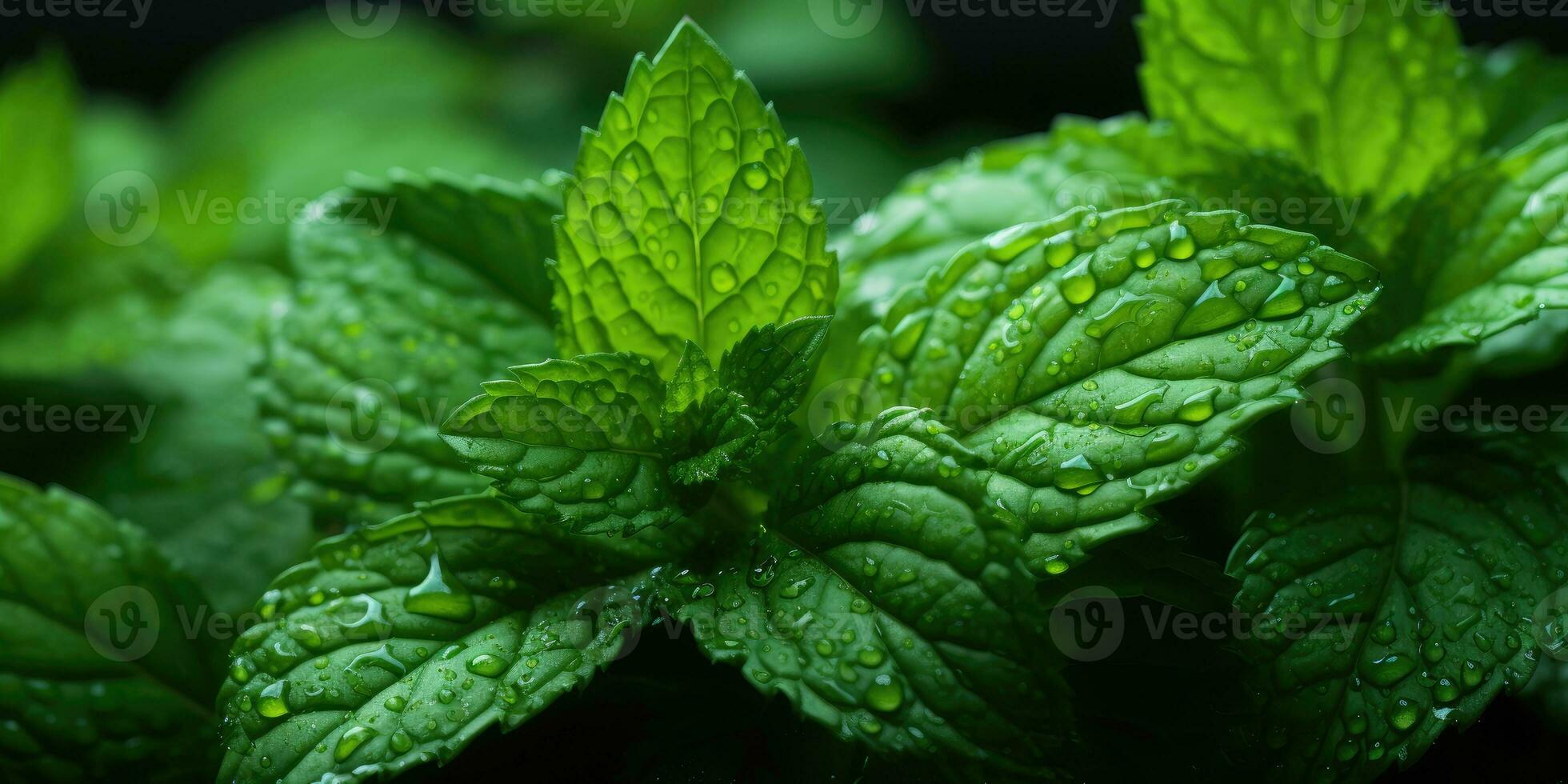 fresco menta avvicinamento. rugiada gocce su le foglie. vegetariano tema. generativo ai foto