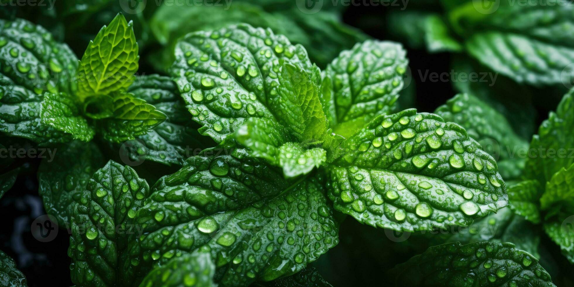 fresco menta avvicinamento. rugiada gocce su le foglie. vegetariano tema. generativo ai foto