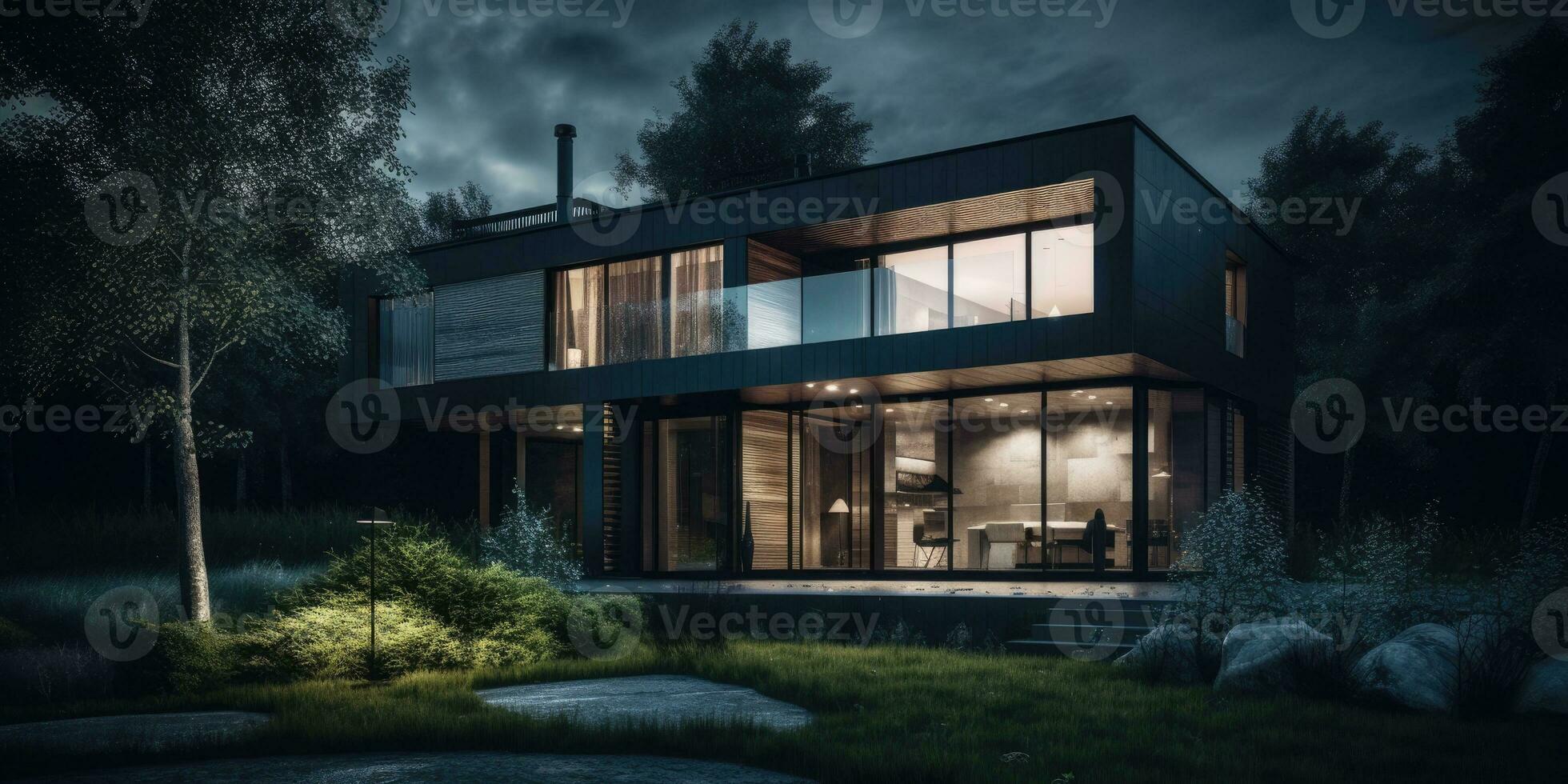 3d moderno Casa. scandinavo stile. neutro colori. minimalismo. generativo ai foto