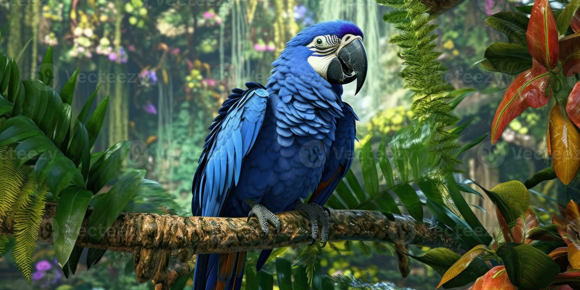 blu ara, pappagallo su un' ramo avvicinamento. generativo ai foto