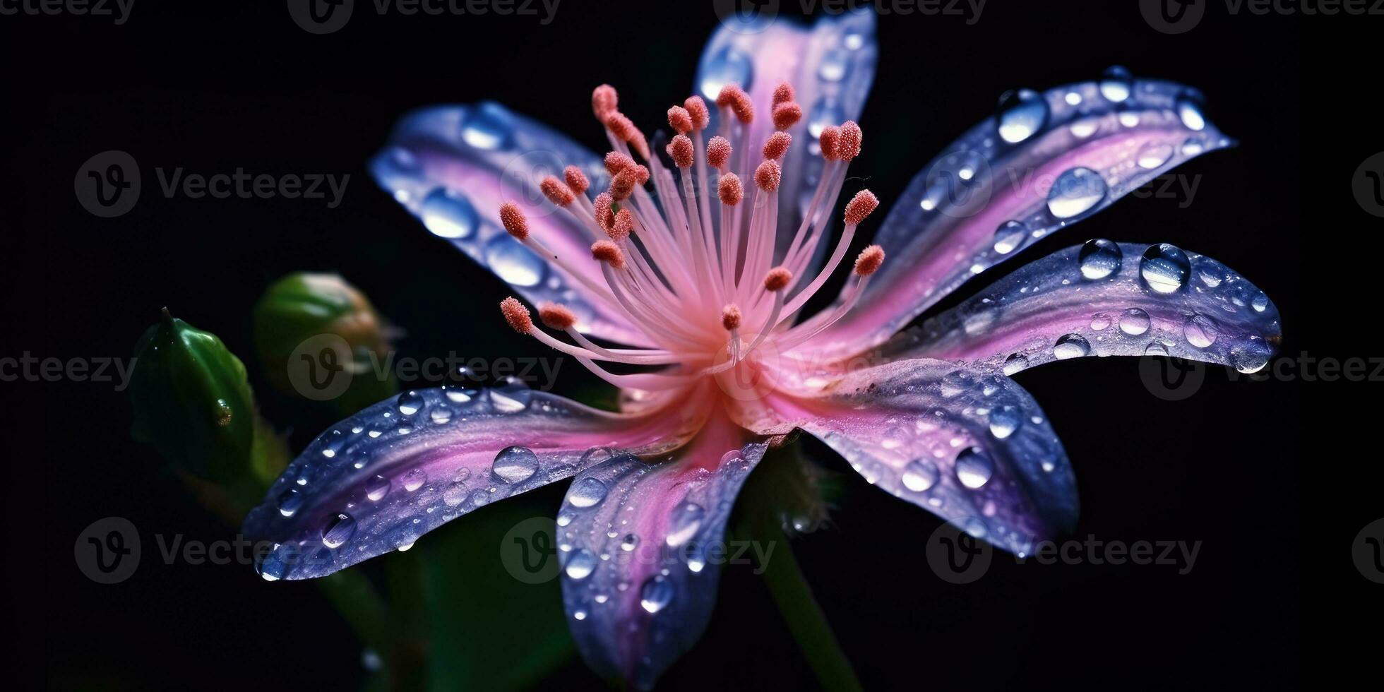 bellissimo fiore con gocce di pioggia su un' buio sfondo. foto per manifesto o sfondo. generativo ai