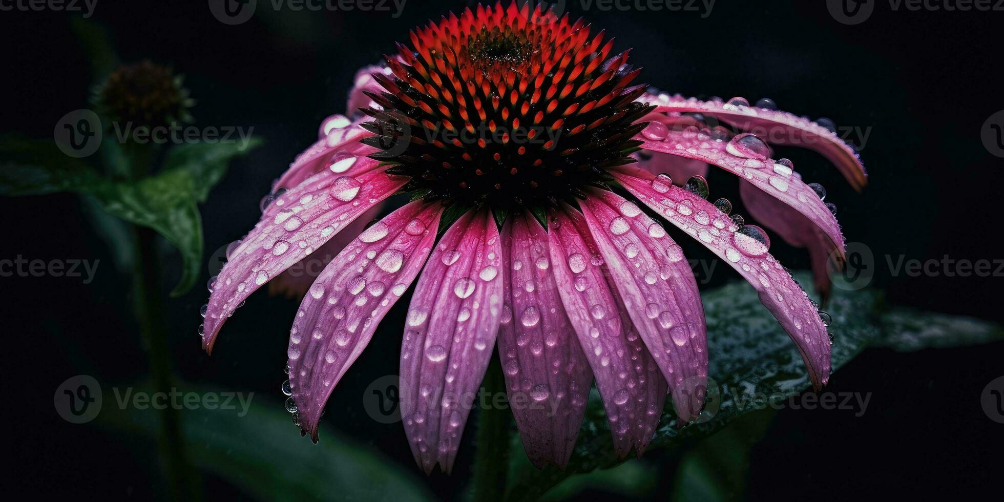 ehnacea fiori su un' buio sfondo con rugiada gocce. generativo ai foto