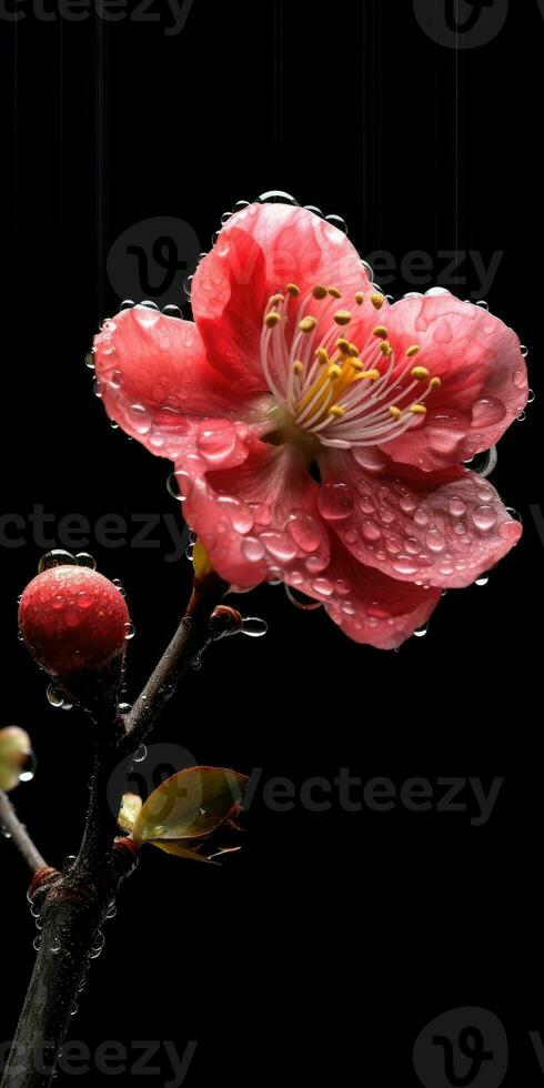 Mela cotogna fiori su un' buio sfondo con rugiada gocce. generativo ai foto