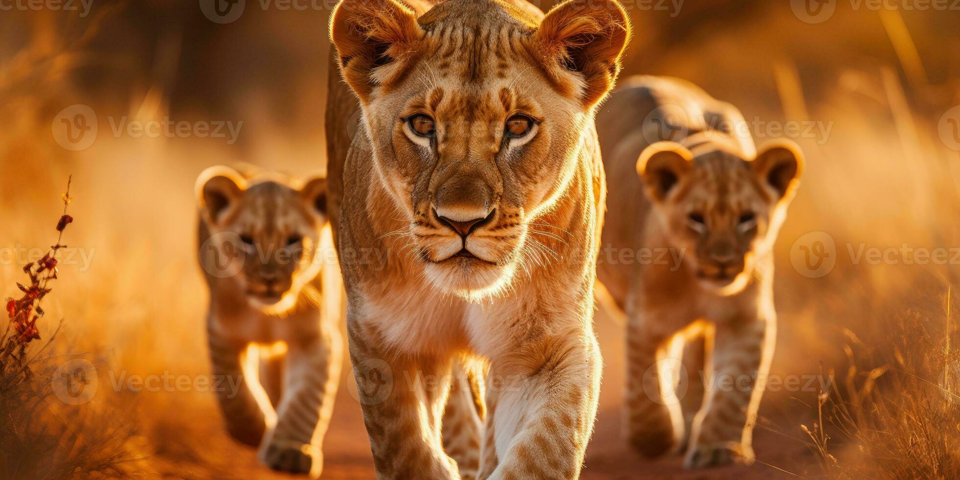 leonessa e Leone cuccioli siamo in movimento lungo il savana strada. selvaggio vita. generativo ai foto