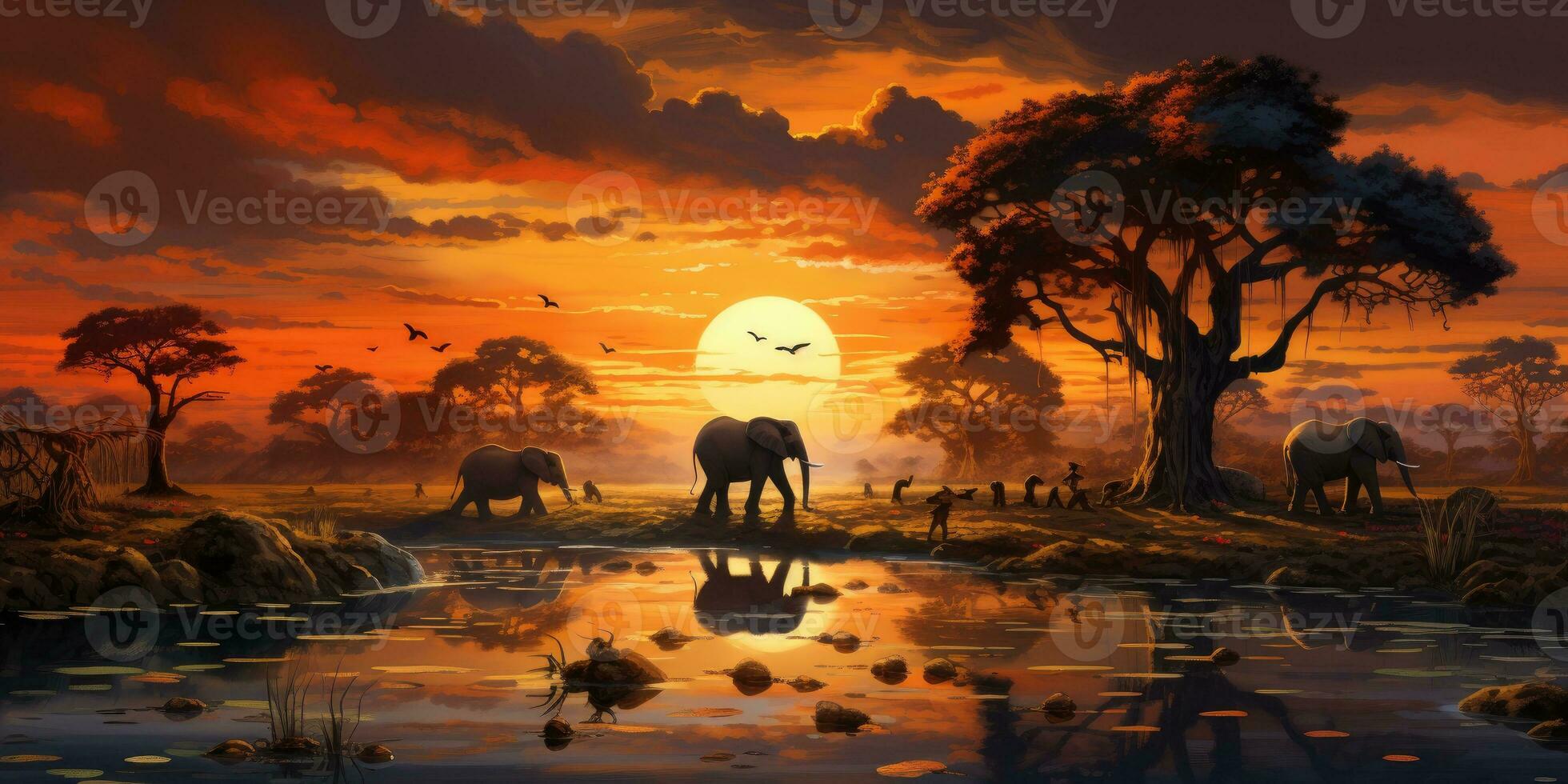 illustrazione di tramonto savana, elefanti il sfondo di impianti animali selvatici. generativo ai foto