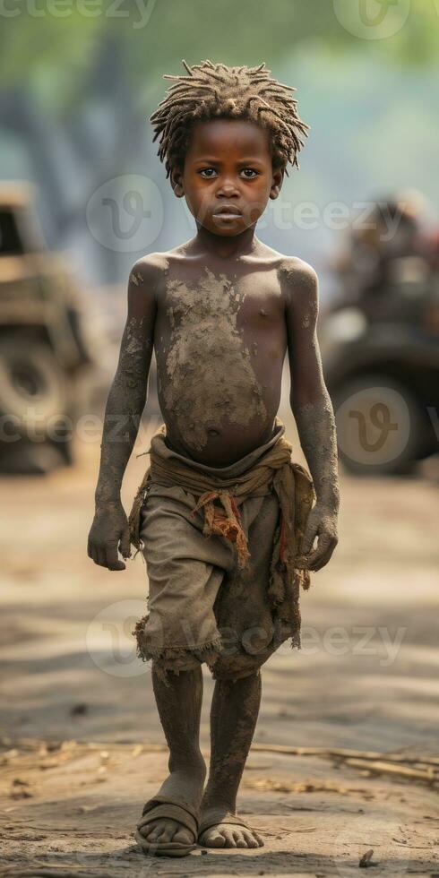 povero e Affamato africano orfano bambino sporco Abiti. generativo ai foto