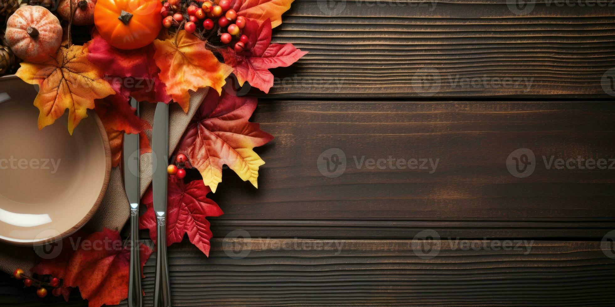 autunno servizio su un' di legno tavolo, superiore Visualizza, Halloween tema. generativo ai foto