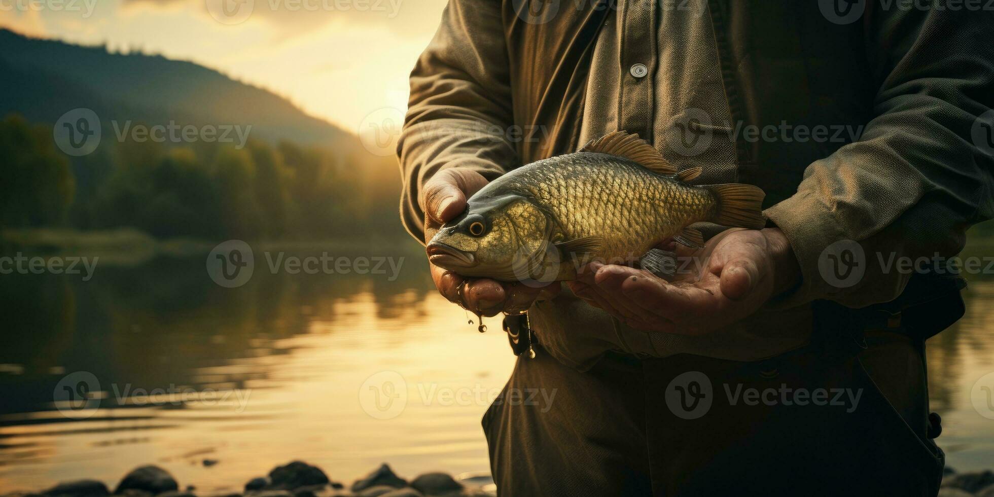 pesce nel mani vicino sul tema di pesca. generativo ai foto