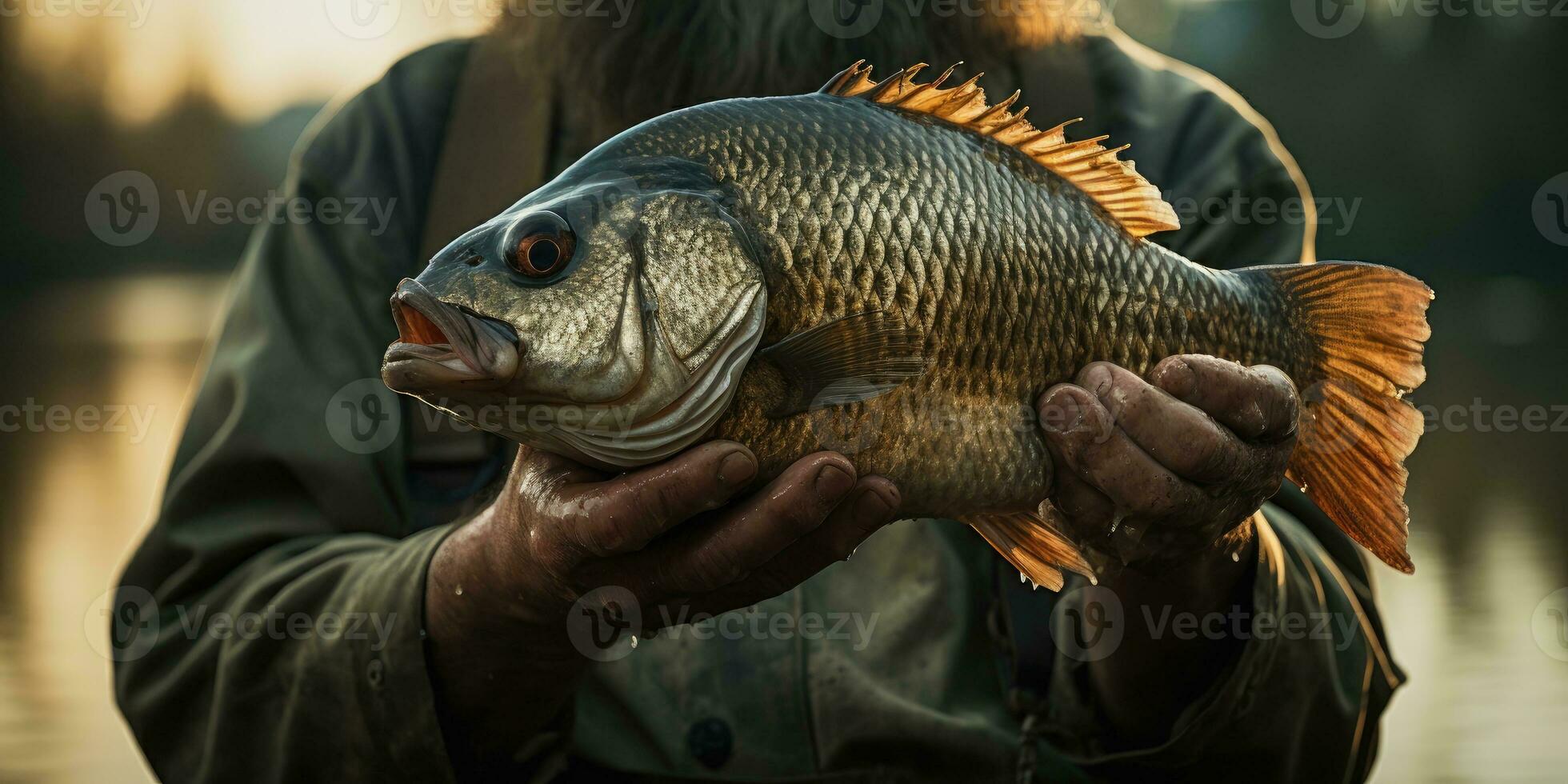 pesce nel mani vicino sul tema di pesca. generativo ai foto