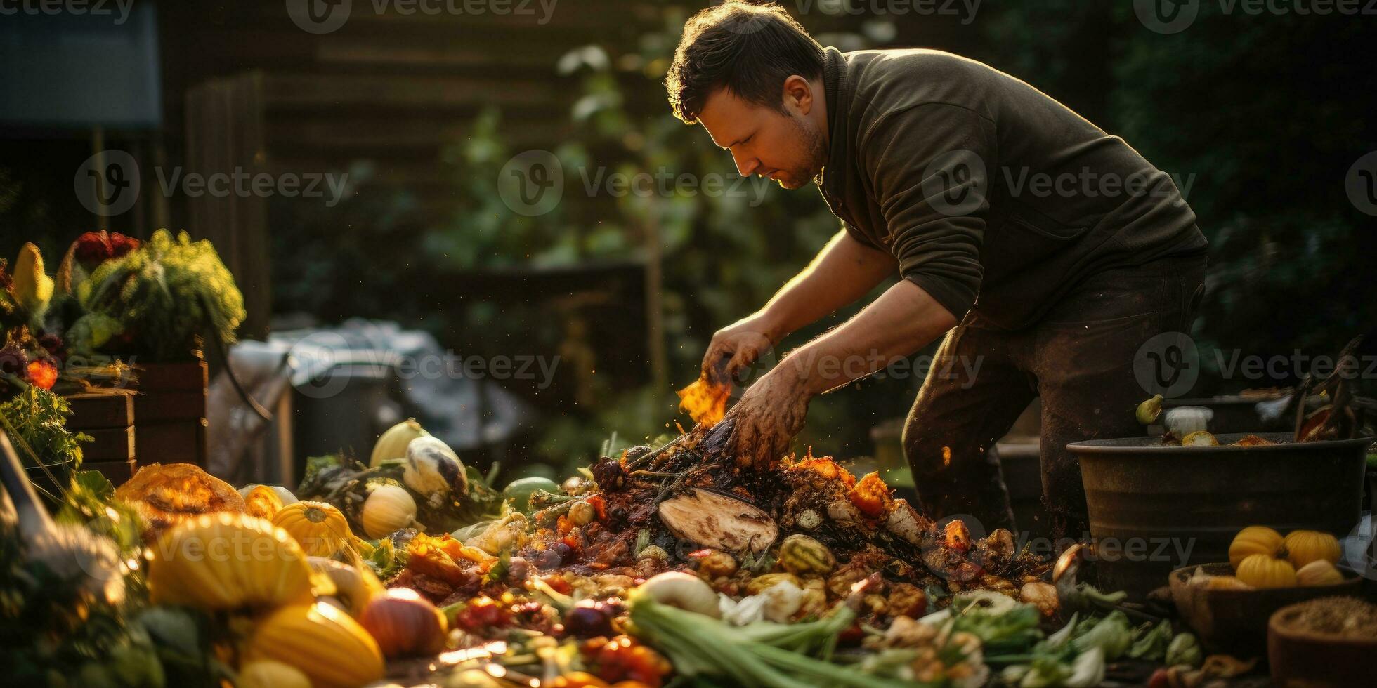 un' uomo compost cibo rifiuto nel il suo giardino. ecologico uso di cibo. generativo ai foto