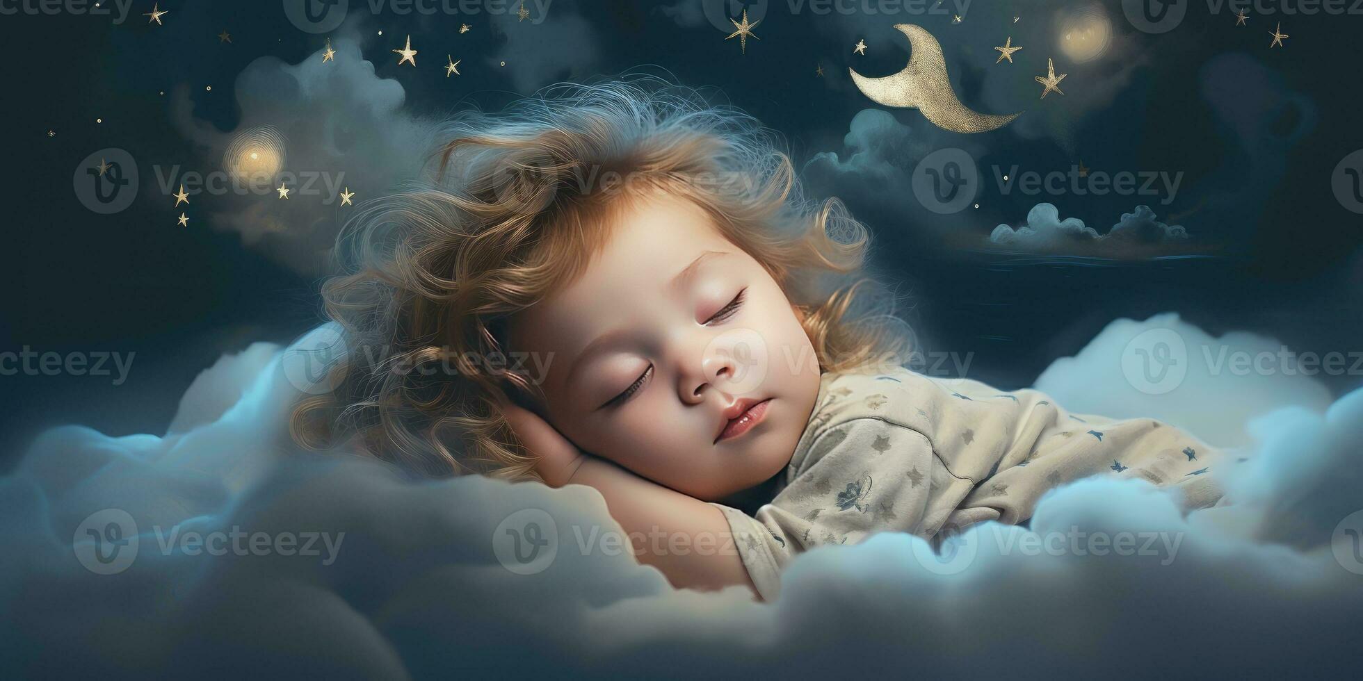 poco carino bambino dorme nel il suo letto. il tema di sogni. generativo ai foto