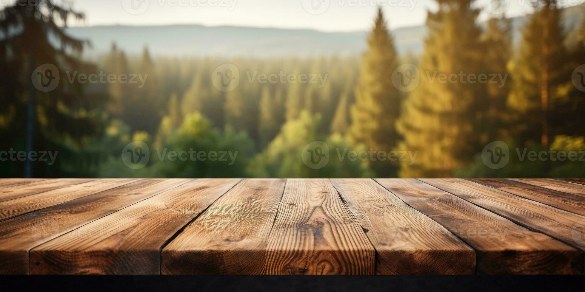 di legno tavolo con posto e sfocato foresta. generativo ai foto