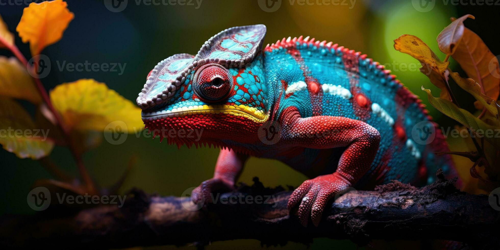 un' carino blu camaleonte con macchie si siede su un' ramo, avvicinamento. generativo ai foto