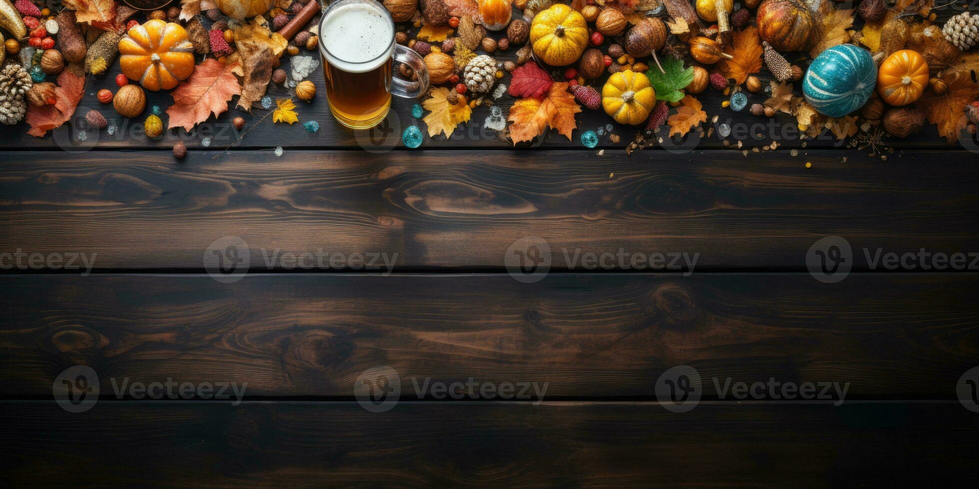 zucche, autunno foglie, birra boccale su di legno tavola. sfondo per Oktoberfest. generativo ai foto