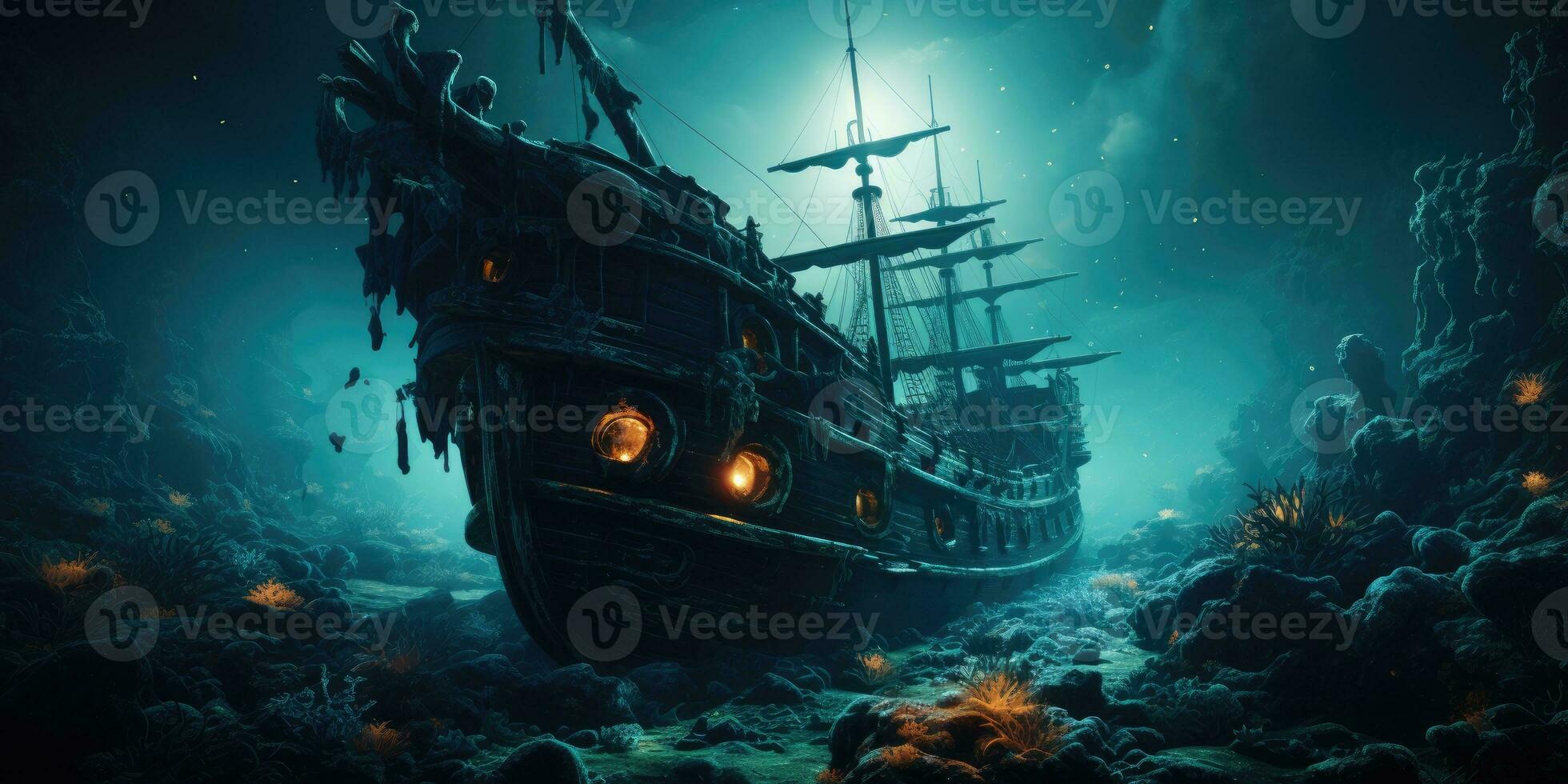 un' foto di un' misterioso subacqueo mondo, un' affondata nave. generativo ai