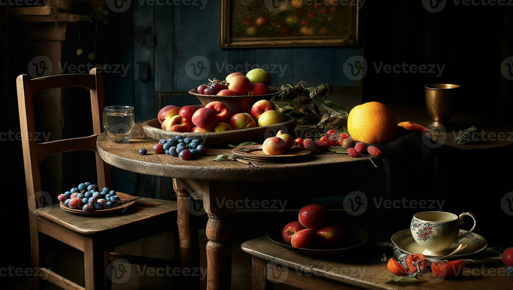 illustrazione ancora vita con frutta su di legno tavolo, rustico cucina, nel drammatico toni. ai Generatore foto
