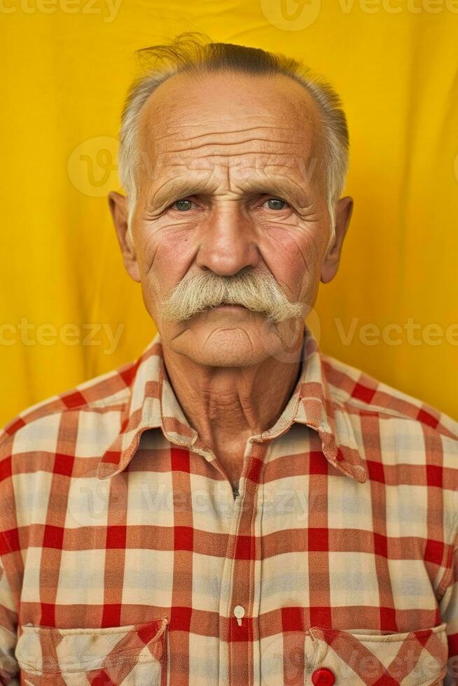 un anziano uomo con un' baffi e un' colorato scacchi camicia guardare dritto a il telecamera, ai generato foto