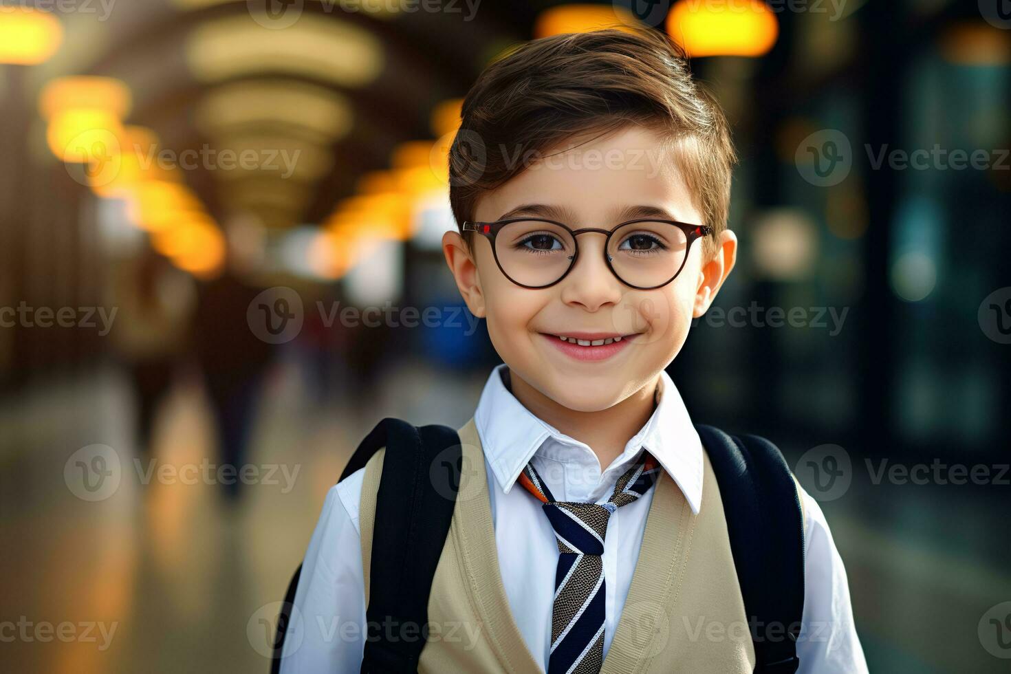 un' sorridente bambino andando per scuola su il primo giorno dopo il vacanze. ai generato il concetto di il fine di il vacanze e il inizio di il scuola anno. foto