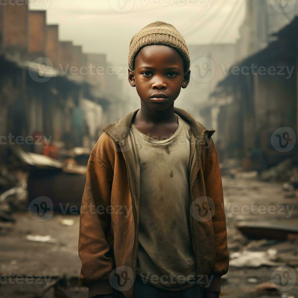 povero africano ragazzo nel il città in occasione. ai generativo foto