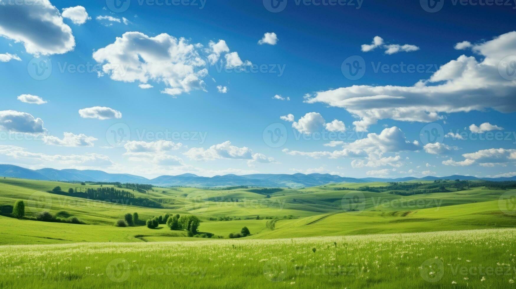 verde campo e blu cielo ai generato foto