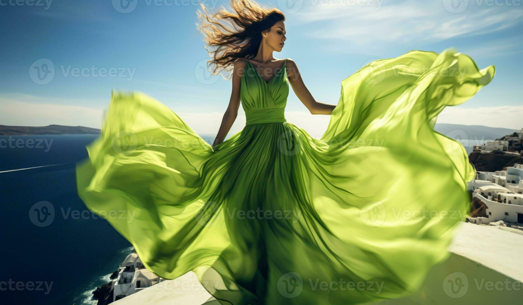 donna con bellissimo lungo seta vestito svolazzanti nel il vento. ai generato foto