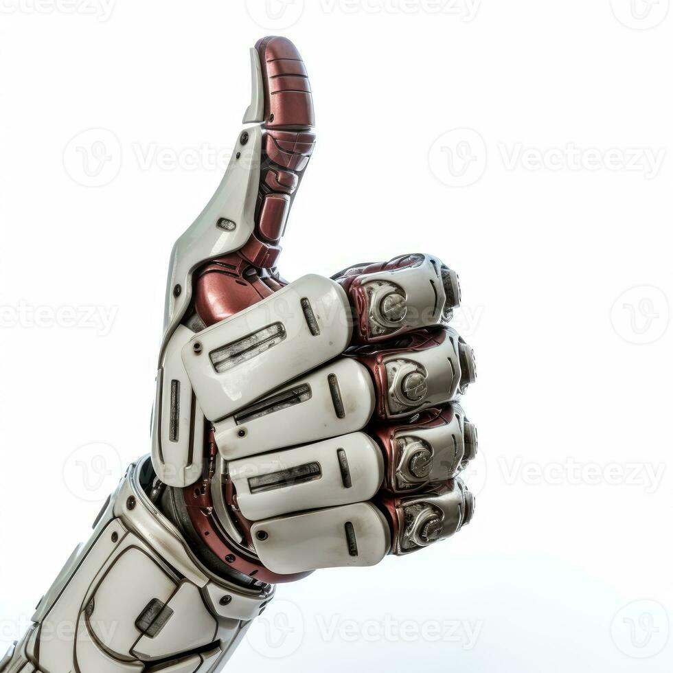 un' robot mano mostrando pollice su isolato su bianca sfondo ai generato foto