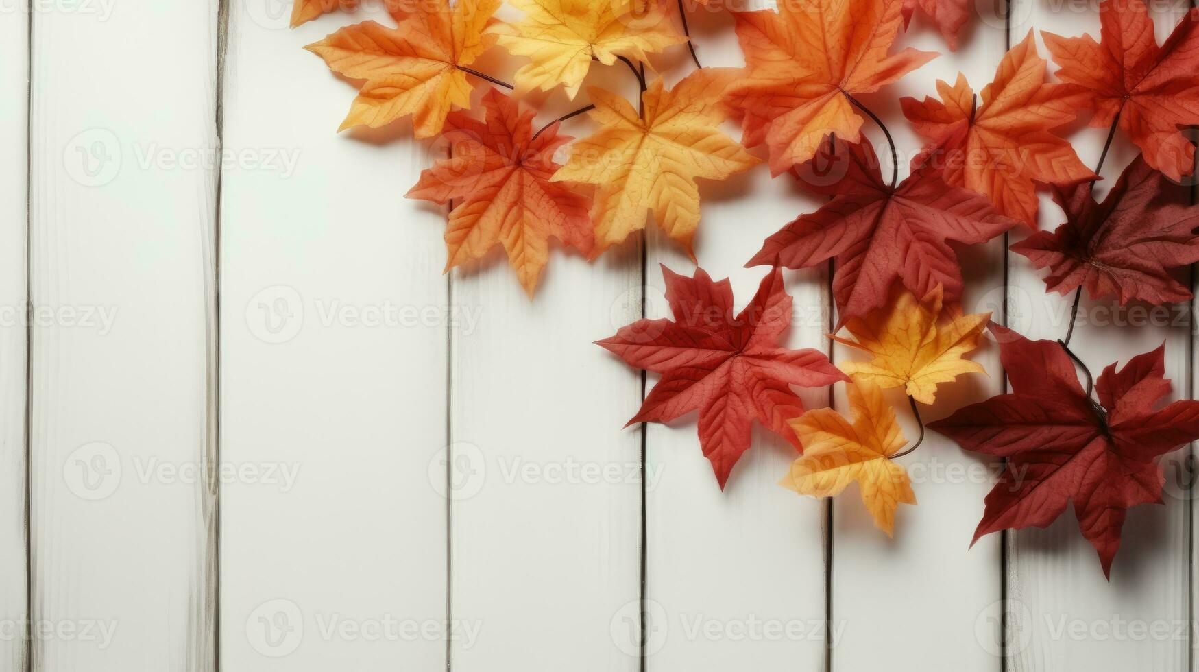 autunno le foglie su un' bianca di legno ai generato foto