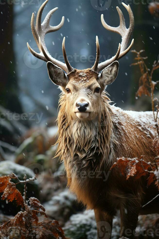 cervo su neve natura sfondo, ai generato foto