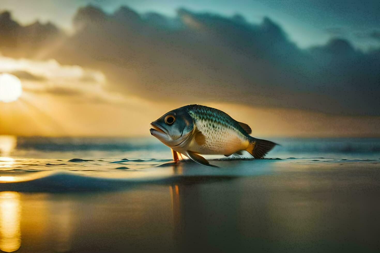 un' pesce è in piedi su il spiaggia a tramonto. ai-generato foto