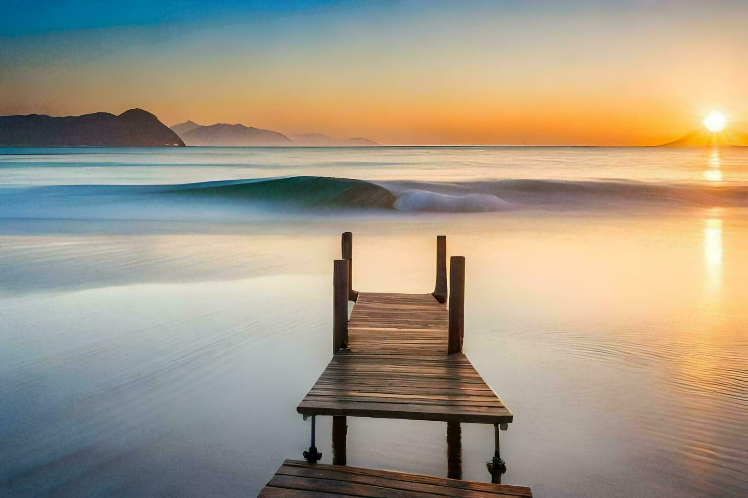 un' di legno molo tratti in il oceano a tramonto. ai-generato foto