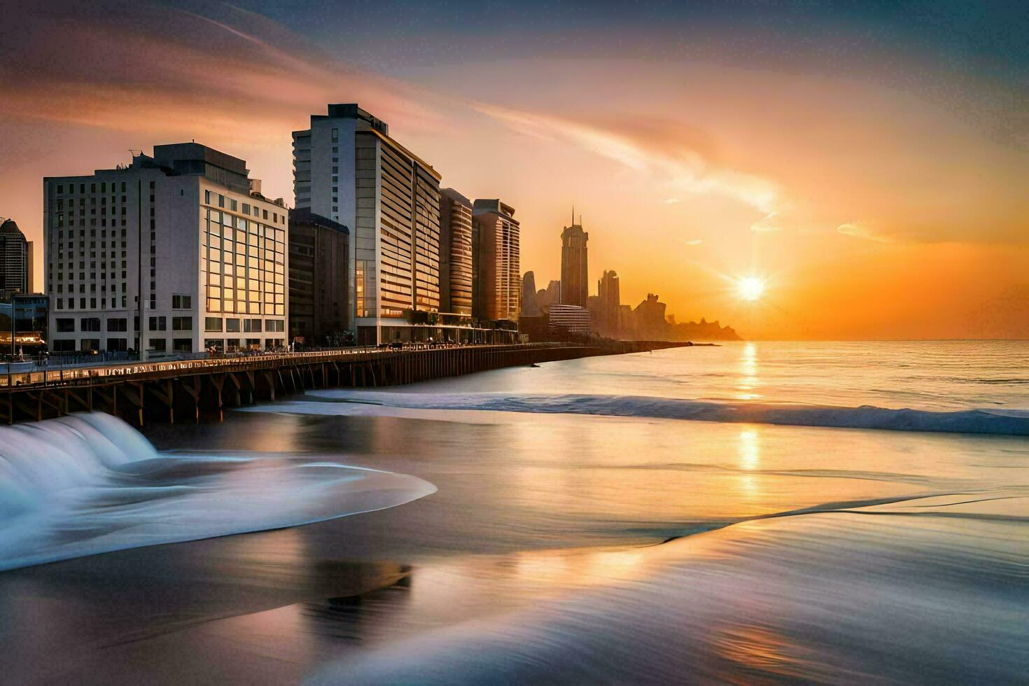 il sole imposta al di sopra di il oceano e edifici nel il sfondo. ai-generato foto