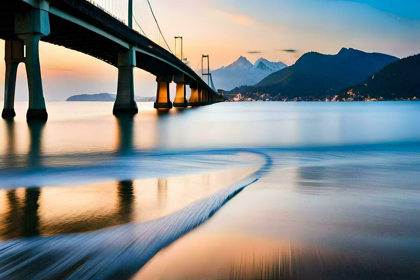 un' lungo esposizione fotografia di un' ponte al di sopra di il oceano. ai-generato foto