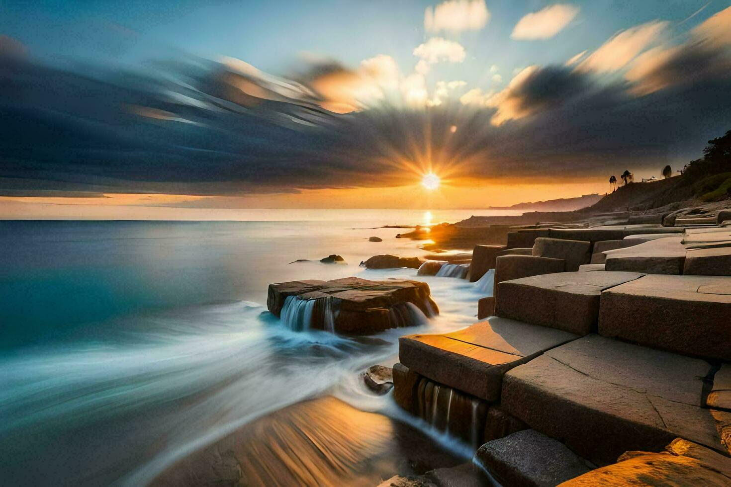 il sole imposta al di sopra di il oceano e rocce a il bordo di il spiaggia. ai-generato foto