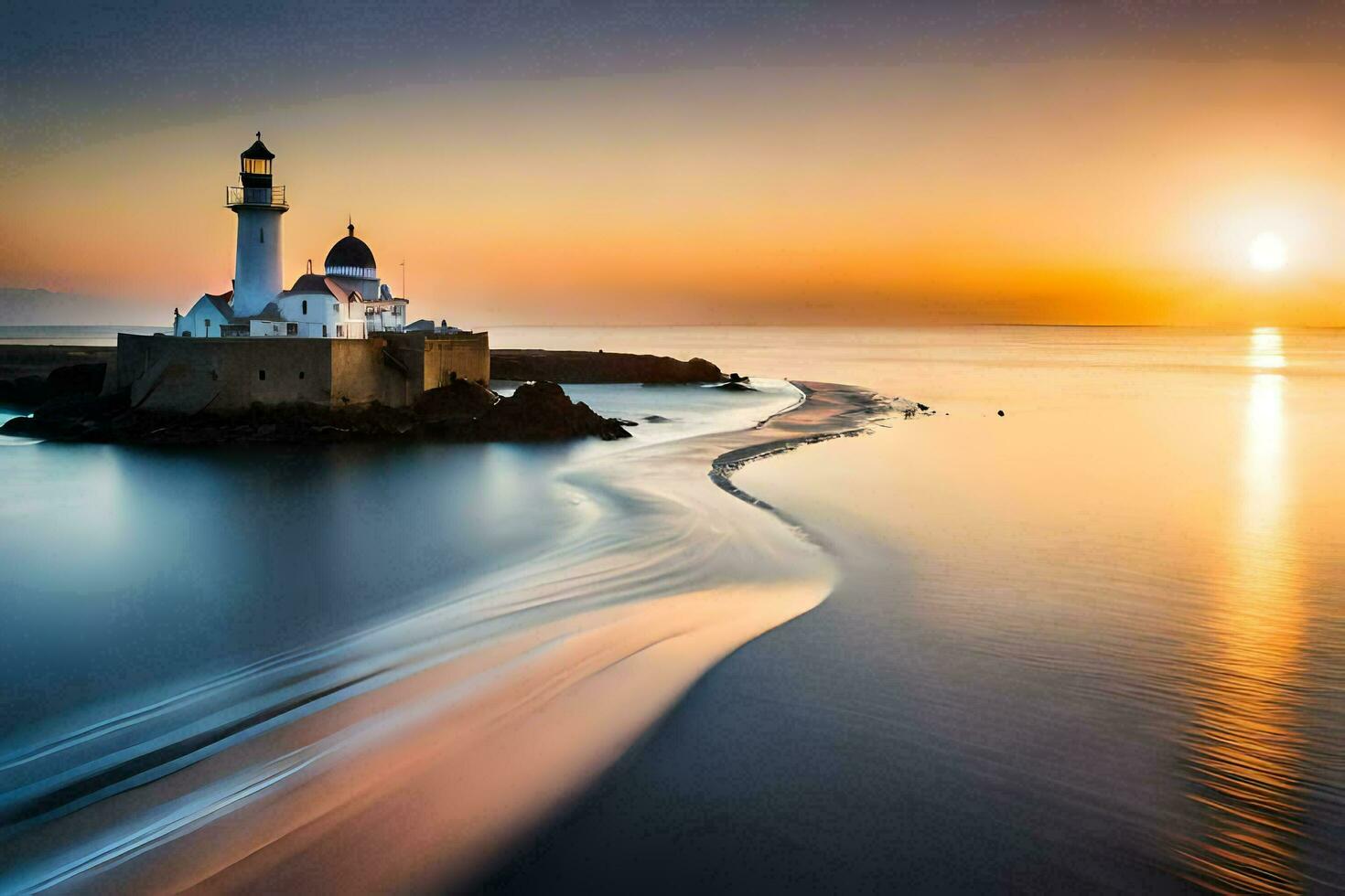 un' faro nel il oceano a tramonto. ai-generato foto