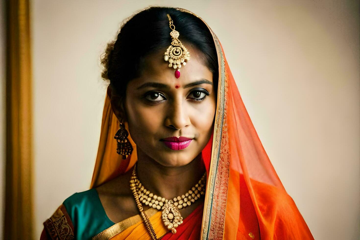 un' bellissimo indiano donna indossare un' sari e gioielleria. ai-generato foto