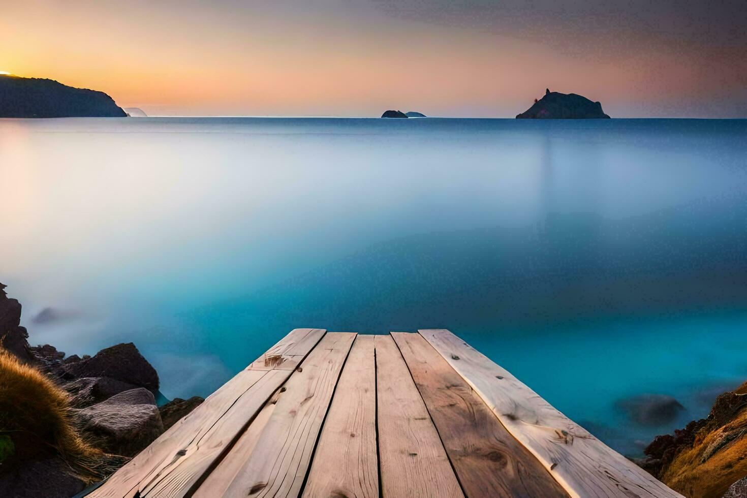 un' di legno molo tratti su in il oceano a tramonto. ai-generato foto