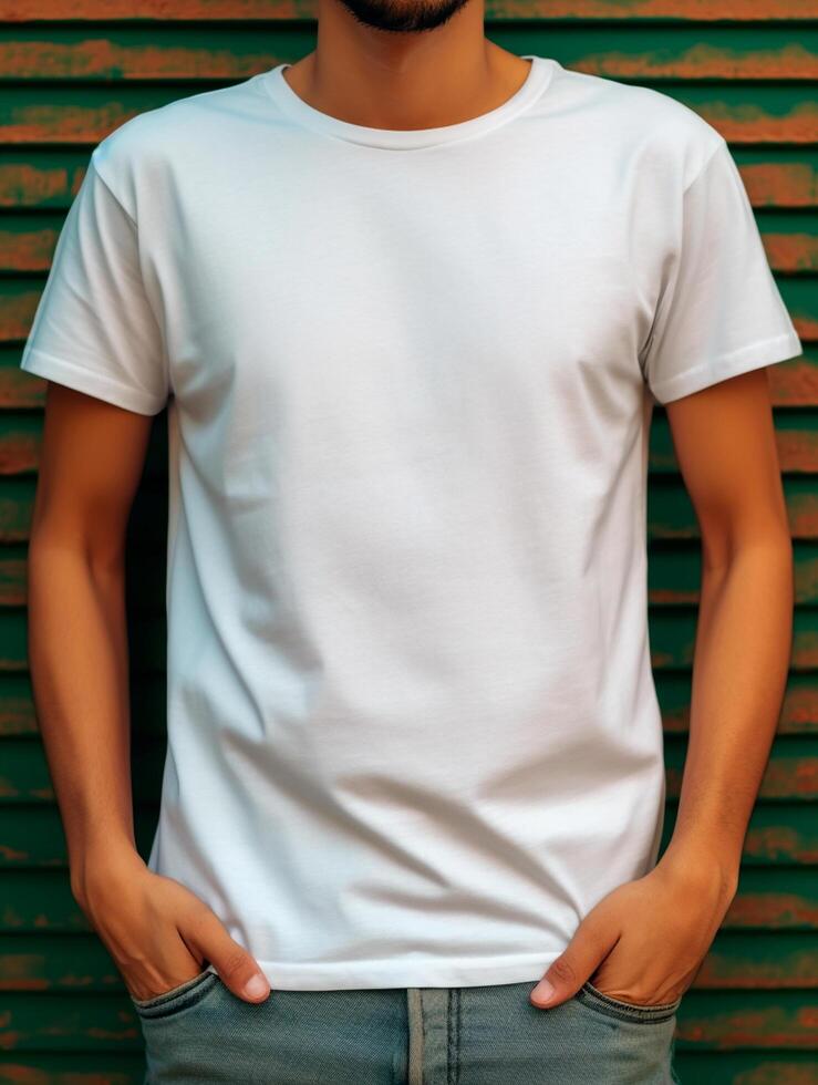 uomini bianca maglietta per modello design ai generato foto