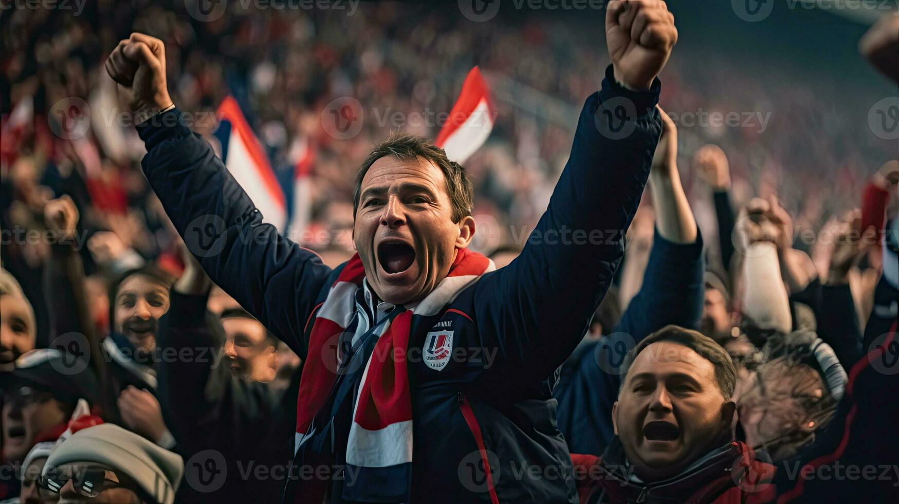 francese fan, festeggiare il successo. sostenitori rallegrare nel bleacher nel francese Rugby incontro 2023. generativo ai foto