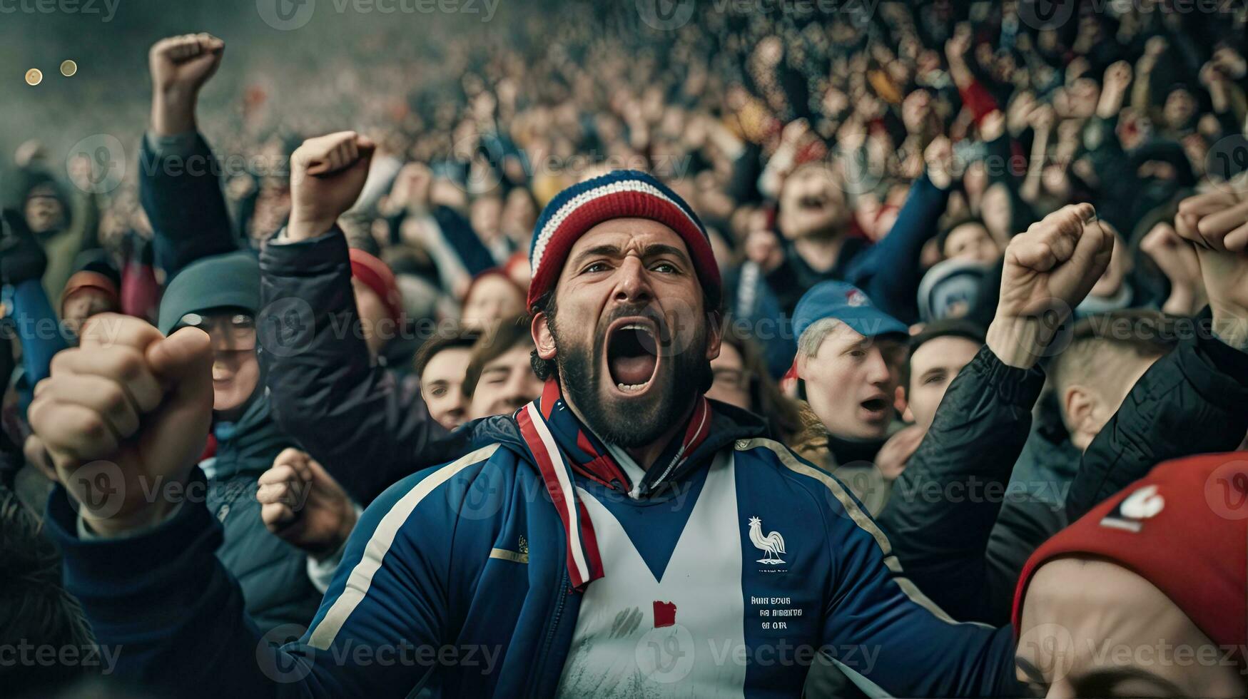 francese fan, festeggiare il successo. sostenitori rallegrare nel bleacher nel francese Rugby incontro 2023. generativo ai foto