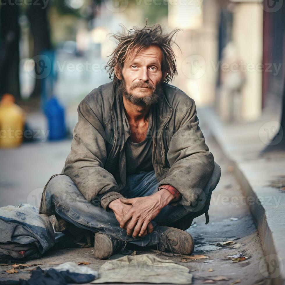 un' senza casa mendicante uomo seduta all'aperto nel città chiede per i soldi donazione. generativo ai foto