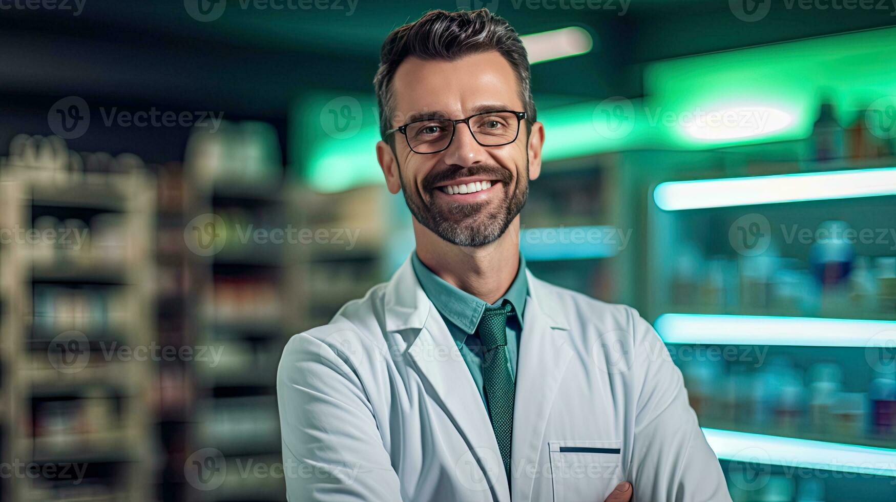 sorridente ritratto di un' bello farmacista nel un' farmacia negozio. generativo ai foto