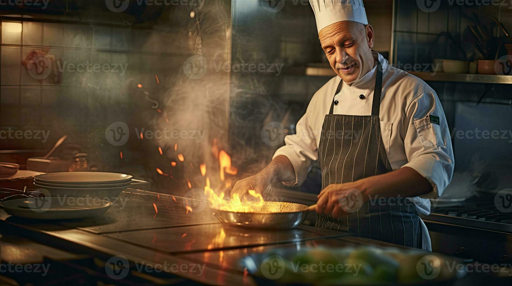 un' capocuoco cucinando nel un' ristorante cucina. generativo ai foto