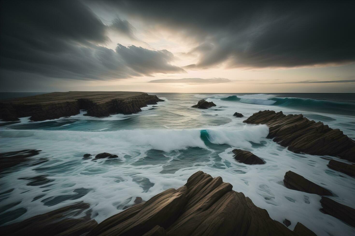 bellissimo paesaggio marino con tempestoso cielo. lungo esposizione sparo. ai generativo foto