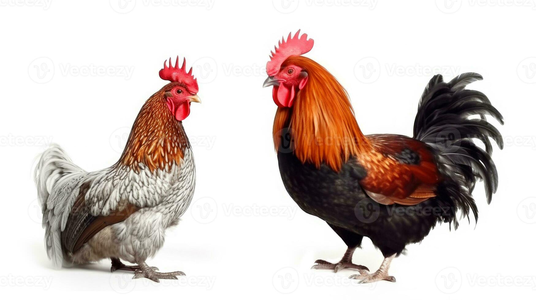multicolore gallina e Gallo su un' bianca sfondo. copia spazio. generativo ai foto