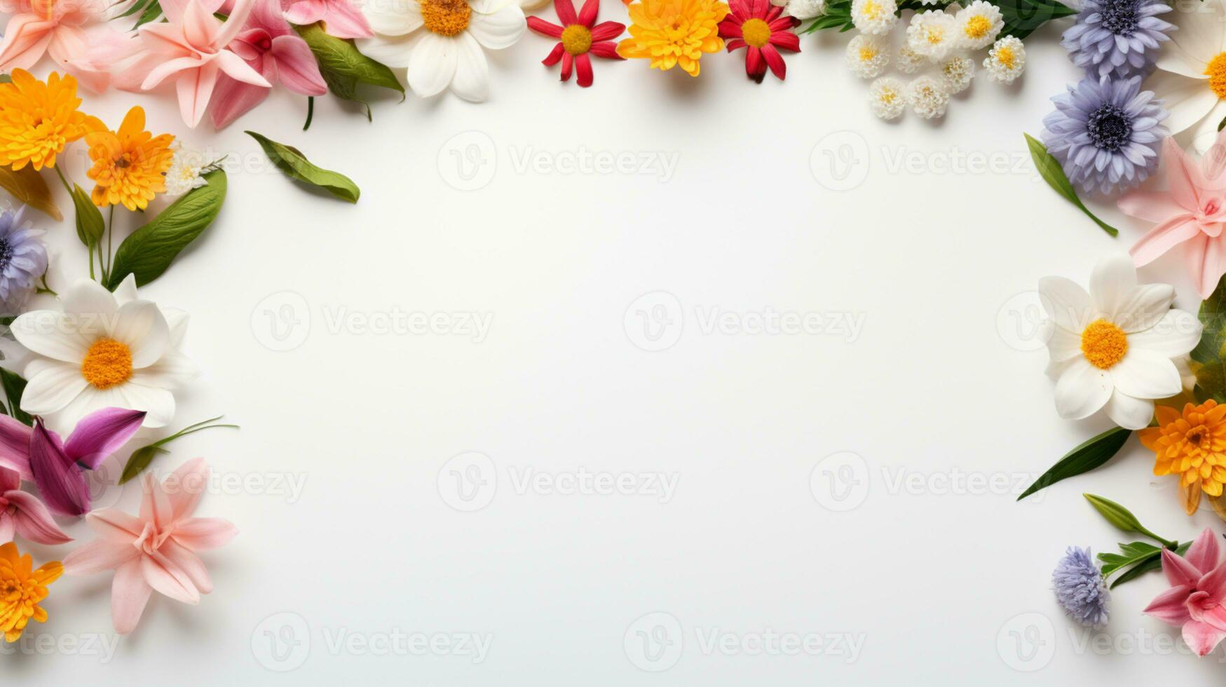 colorato fiore disposte su bianca sfondo, copia spazio, ai generativo foto