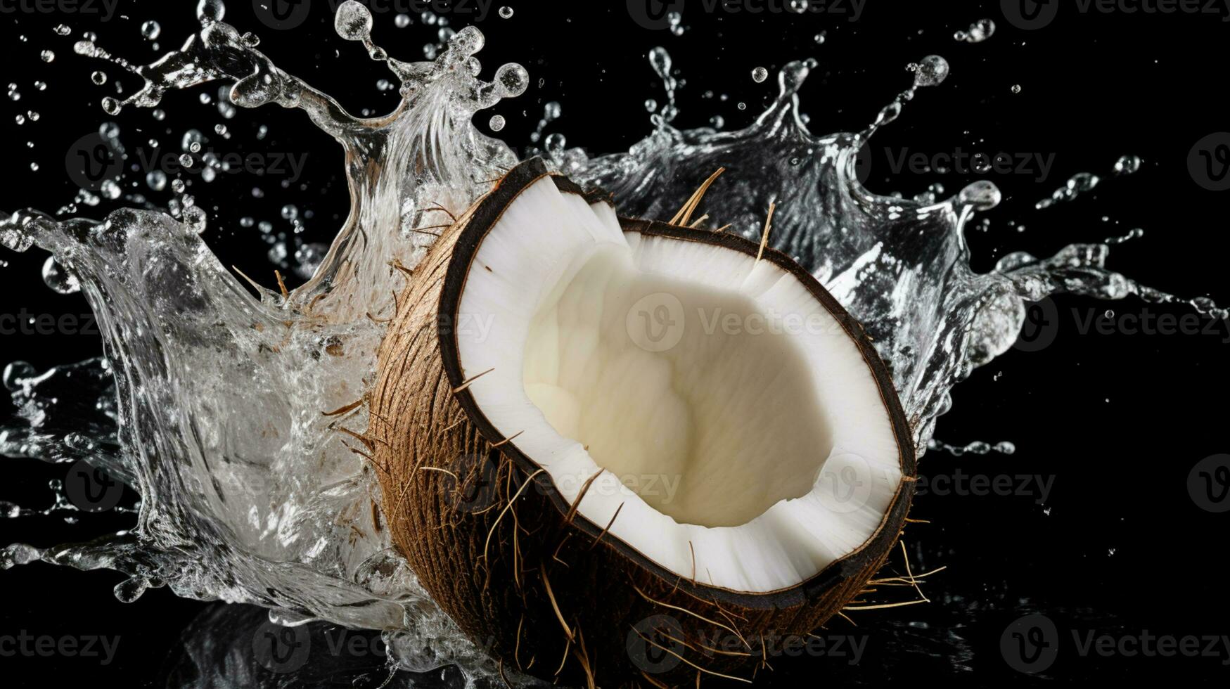 metà di un' Noce di cocco con acqua spruzzo isolato su sfondo, salutare tropicale cibo, ai generativo foto