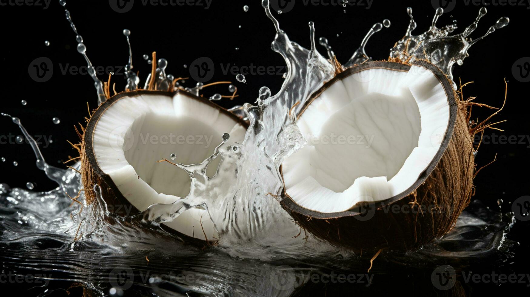 metà di un' Noce di cocco con acqua spruzzo isolato su sfondo, salutare tropicale cibo, ai generativo foto